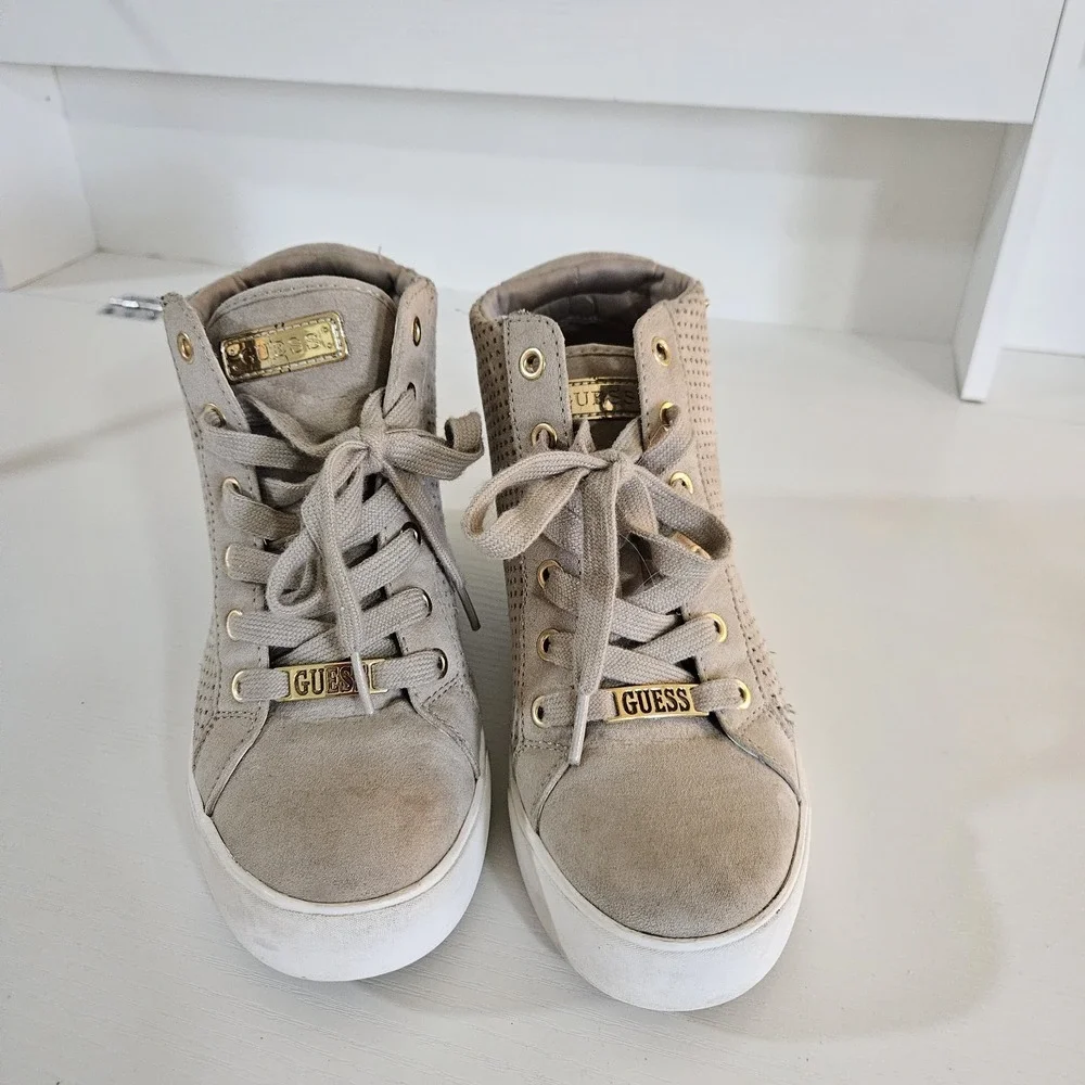 GUESS Women's High-Top Hidden Wedge Sneakers - Taupe Suede - Size 7.5M (Style...